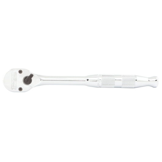 PROTO J5249HTC chrome ratchet with knurled handle, tool photography, top view on white background.