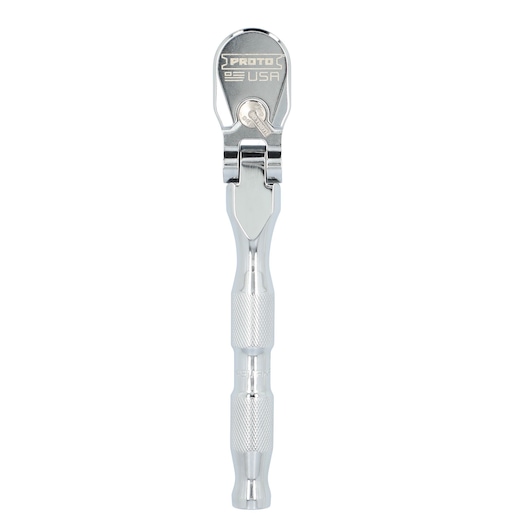 A close-up image of a metallic Proto brand ratchet handle tool, with a knurled grip and a pivoting head, designed for use in mechanical or automotive settings.