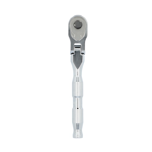 A close-up image of a silver metal ratchet wrench with a knurled handle, shown vertically against a white background.