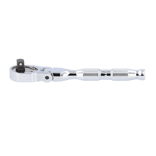A metallic ratchet wrench with a knurled handle and a square drive head, photographed on a white background.
