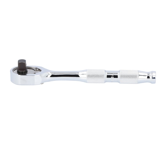 Photo of PROTO ratchet handle, SKU J5249MAX, silver, textured grip, side angle on white background.