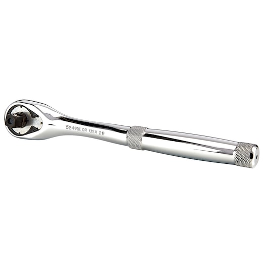 Photo of PROTO J5249XLQR chrome ratchet wrench with knurled handle, side angle on white background.