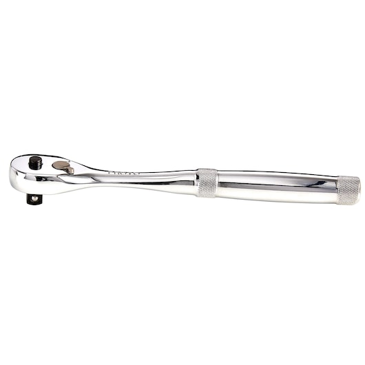 Photo of PROTO J5249XLQR chrome ratchet tool with knurled grip, side angle on white background.