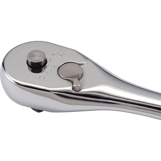 Close-up view of a chrome-finished ratchet handle with the brand name PROTO engraved on the head. The image shows the gear switch and quick-release button on the tool.