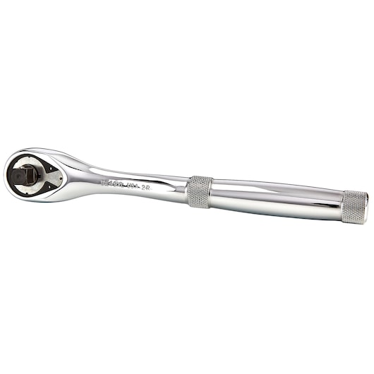 PROTO J5249XL chrome-finish ratchet with knurled handle, side angle on white background.