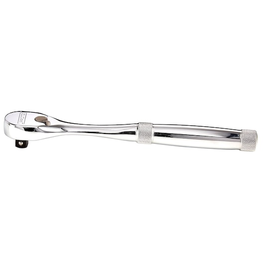 PROTO J5249XL chrome ratchet tool, side angle, knurled handle, photography on white background.