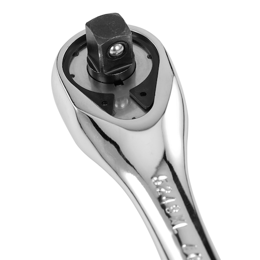 Close-up view of a chrome-finished ratchet wrench head with visible square drive and release button.