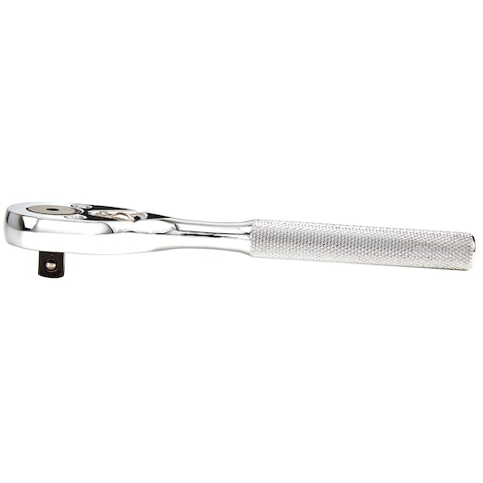 PROTO J5249 chrome-finish ratchet with knurled handle, side angle, on white background.