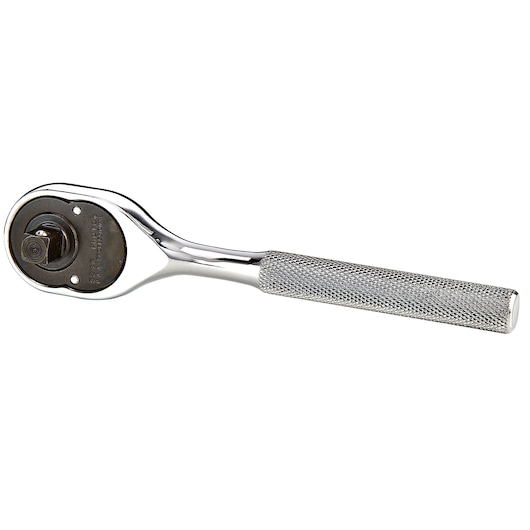 PROTO J5249 chrome-finish ratchet wrench with knurled handle, side view on white background, hand tool.