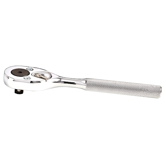 PROTO J5249 chrome ratchet wrench, textured handle, side angle, shown on white background.