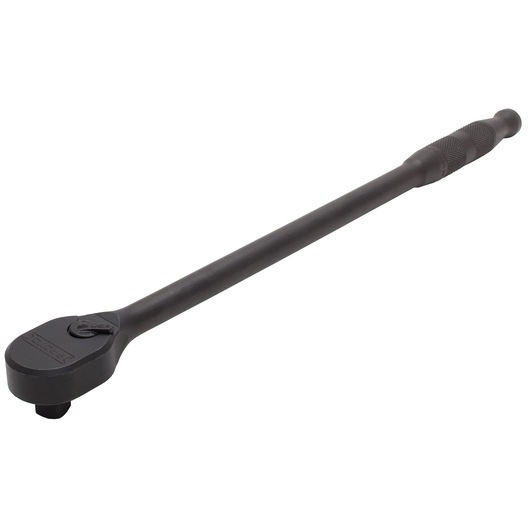 PROTO J5250HTCBL black long handle ratchet with textured grip, side angle on white background.