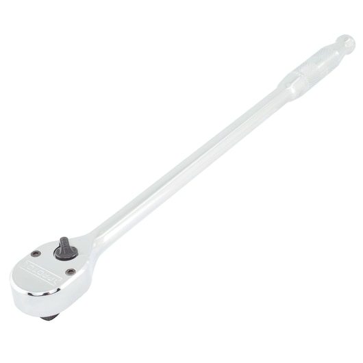 Photo of PROTO J5250HTC long handle chrome ratchet tool with knurled grip, angled on white background.