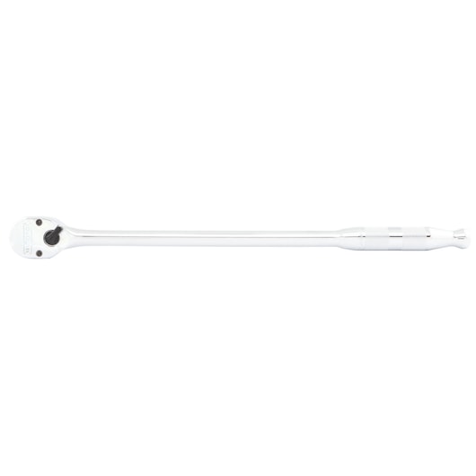 PROTO J5250HTC chrome long-handle ratchet, white background, side angle.