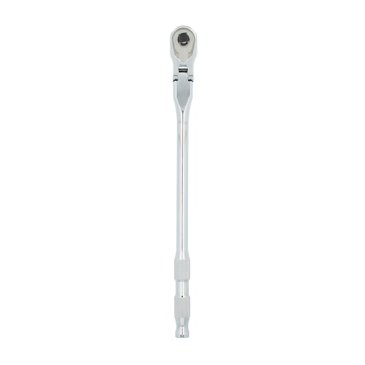 A long, chrome-plated ratchet handle tool with a flexible head and knurled grip, shown on a white background.