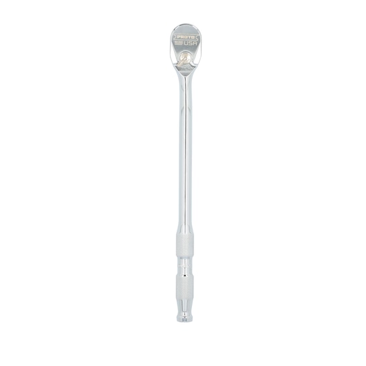 Photo of PROTO J5250MAX ratchet wrench, chrome finish, knurled handle, product on white background.