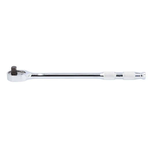 Photo of PROTO J5250MAX chrome ratchet handle, straight side view, knurled grip, on white background.