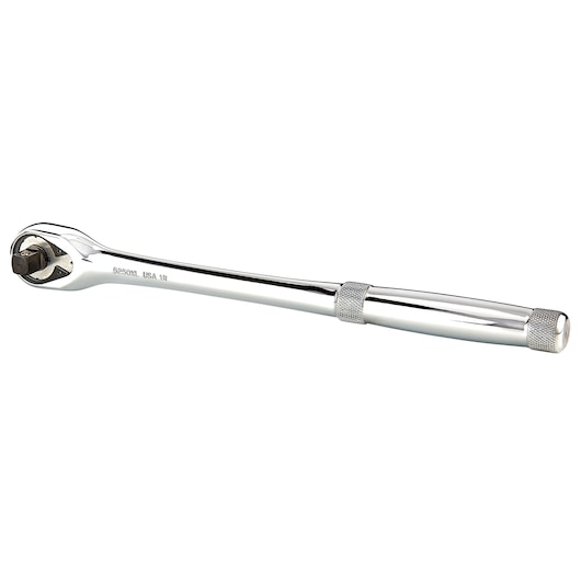 PROTO J5250XL chrome-finish ratchet handle with knurled grip, side view, isolated on white.