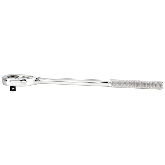 PROTO J5250 chrome finish ratchet with knurled handle, side view on white background, tool photography.