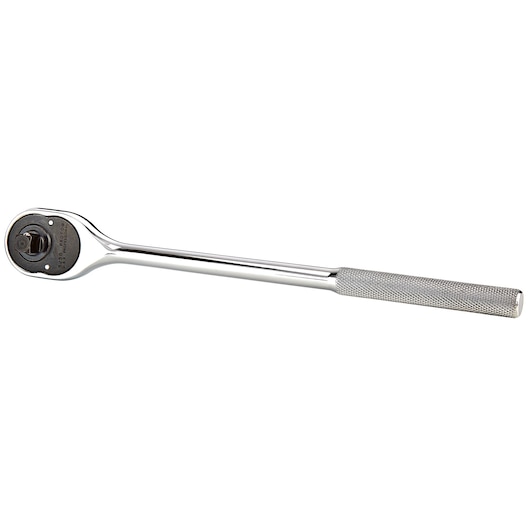 PROTO J5250 chrome ratchet with knurled handle, side angle on white background, hand tool.