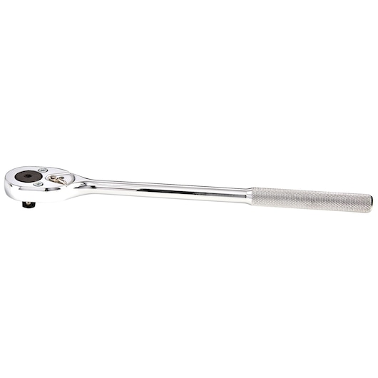PROTO J5250 chrome ratchet with knurled handle, side angle, white background, hand tool.