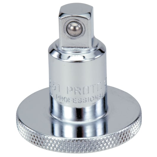 PROTO J5251 chrome socket adapter with knurled base, photography, front angle on white background.
