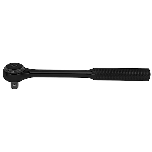 PROTO J5252FBL black finish ratchet wrench with knurled handle, side view on white background.