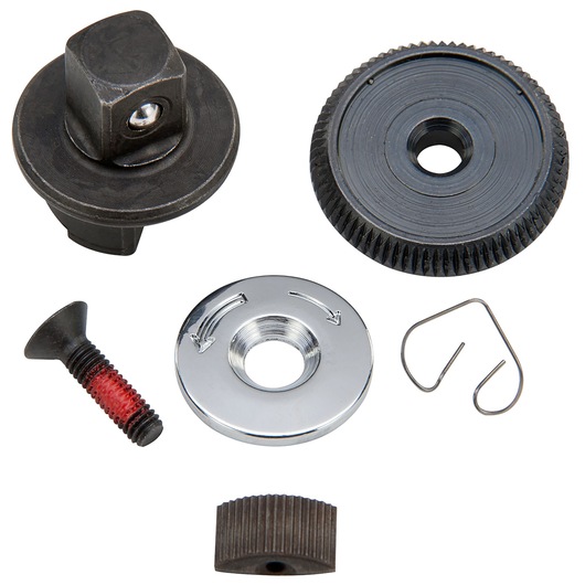 PROTO J5252FRK ratchet repair kit parts, including gears, screw, washer, and spring, top-down view on white.