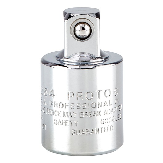Photo of PROTO socket adapter J5254, chrome finish, upright angle on white background.