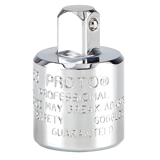 Photo of PROTO socket adapter, chrome finish, close-up on white, SKU J5255, tool accessory.