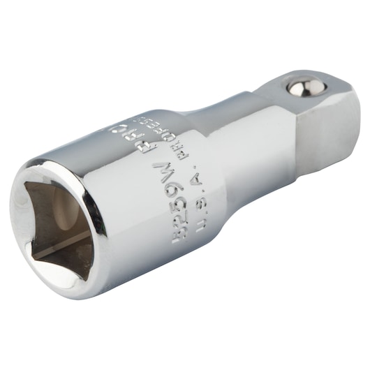 PROTO J5259W chrome socket adapter, close-up angle, showing engraved branding and square drive end.