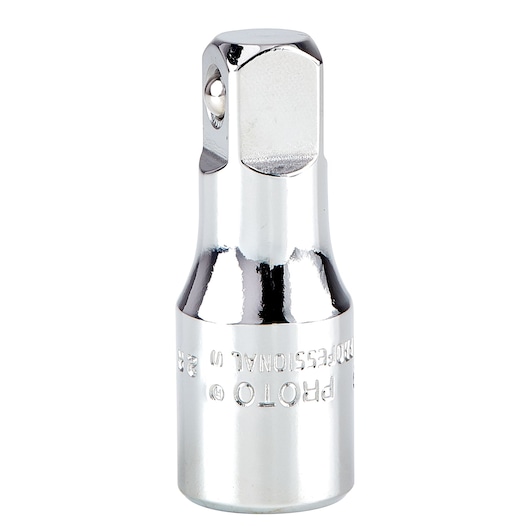 PROTO J5259 chrome socket adapter, cylindrical shape, reflective finish, upright front view on white background.