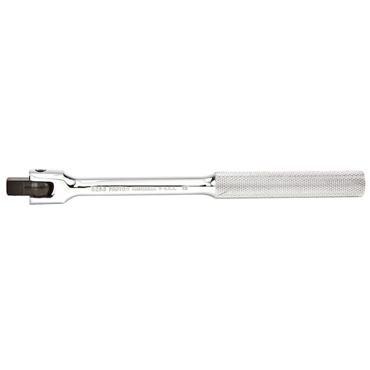 Photo of PROTO J5265 breaker bar with knurled handle, chrome finish, side angle on white background.