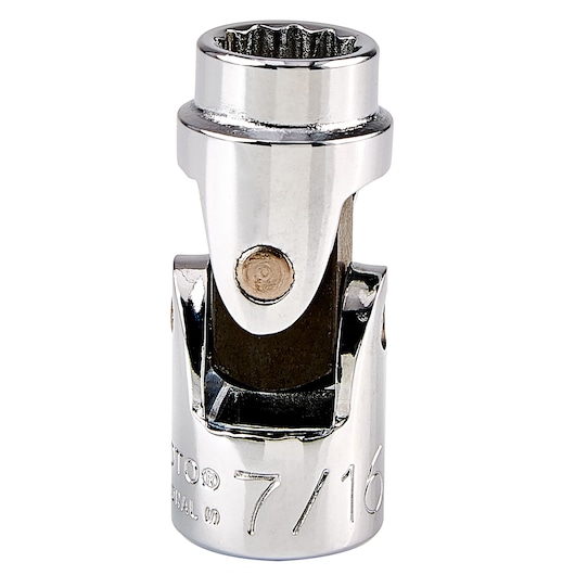 PROTO J5274A chrome finish universal socket, 7/16 inch, front angle, tool photography.