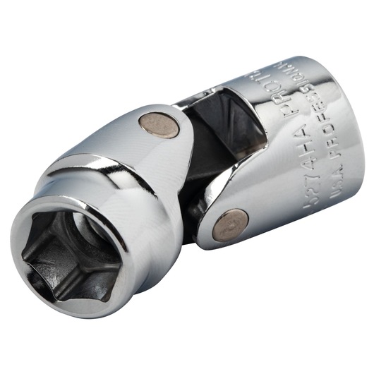 PROTO J5274HA chrome universal joint socket close-up on white background, showing pivot mechanism.