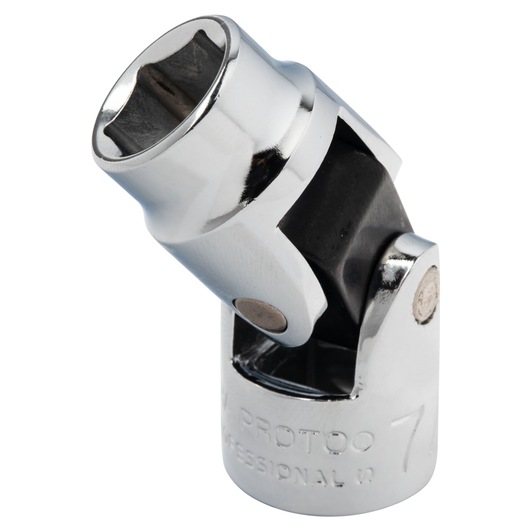 PROTO J5274HA chrome universal joint socket, angled view, showing metal construction and joint mechanism.