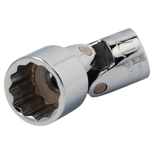 PROTO J5280AM chrome universal socket with swivel joint, close-up on white background, highlighting 12-point end.