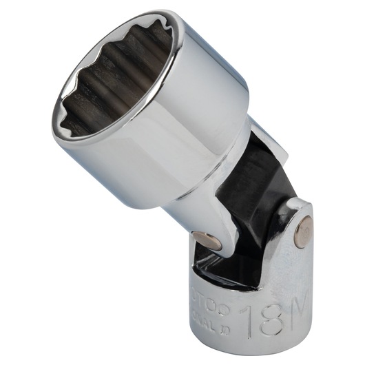 PROTO J5281AM chrome 18mm universal socket with swivel joint, side angle, on white background.