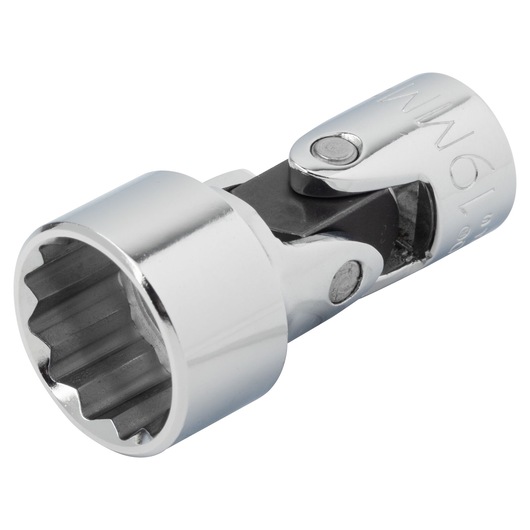 PROTO J5282AM chrome flexible socket, 12-point, with 19mm size marking, angled on white background.