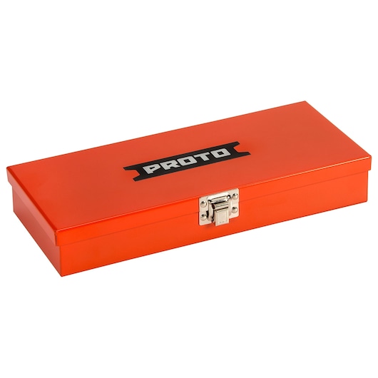 PROTO J5299R orange metal tool box with silver latch, angled front view on white background.