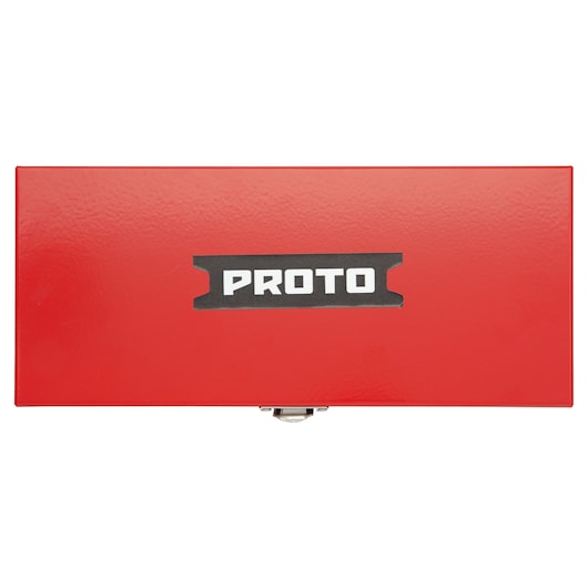 PROTO J5299 red metal tool box top view with black and white logo on white background.