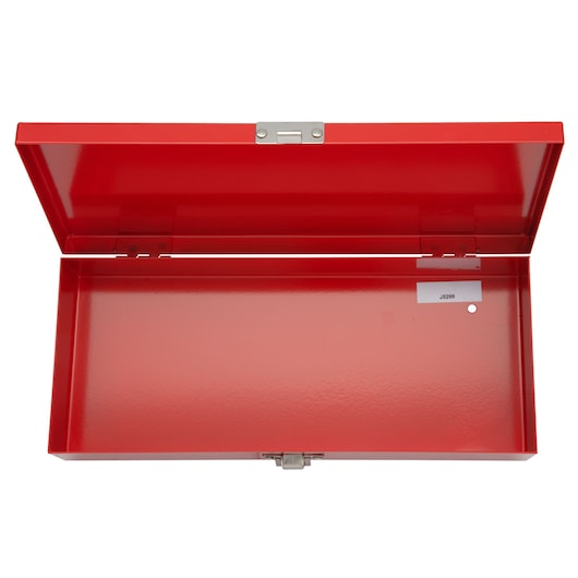 Photo of open red PROTO metal toolbox, SKU J5299, shown from above on white background.