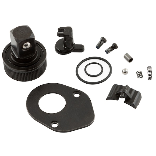 PROTO J52HTCFRK ratchet repair kit with black metal components, screws, springs, O-rings, and hardware on white background.