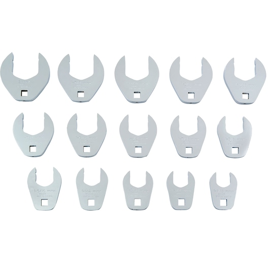 PROTO J53001CF open end crowfoot wrench set, fifteen chrome wrenches arranged in rows, white background, top view.