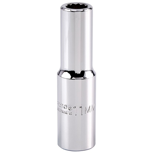 Photo of PROTO J5311M chrome 11mm deep socket, cylinder shape, front angle on white background.