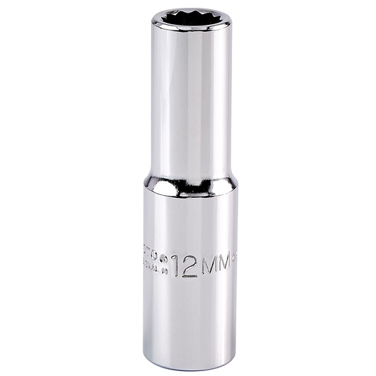 PROTO J5312M chrome deep socket, 12mm, front angle on white background.