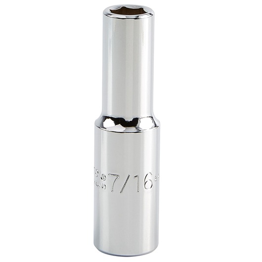 PROTO J5314H chrome finish deep socket, 7/16 inch, hex design, shown upright on white background.