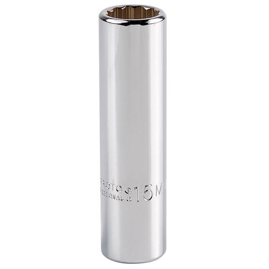 PROTO J5315M chrome deep socket, 15mm, twelve-point, upright view on white background.