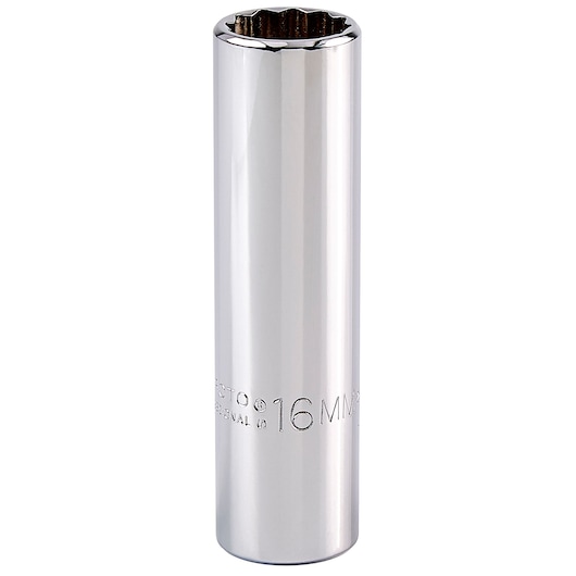 PROTO J5316M chrome deep socket, 16mm, cylindrical view on white background.