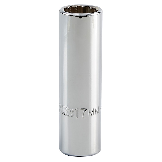 PROTO J5317M chrome deep socket, 17mm size, photographed upright on white background.