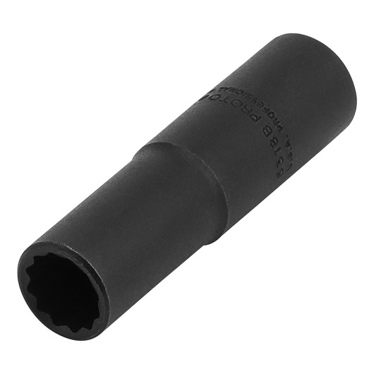 PROTO J5318B black deep impact socket, side angle on white background, cylindrical with twelve-point opening.